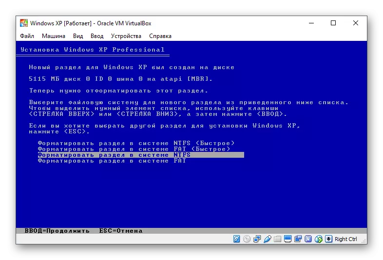 Formatering van 'n nuwe verdeling na Windows XP te installeer in 'n VirtualBox