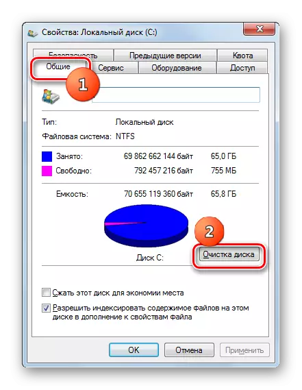Водење на чистење на дискот во поставувањето на општите Windows 7 Spactions Windows во Windows 7