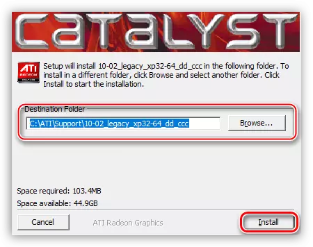Memilih tempat untuk membongkar file instalasi driver untuk kartu video AMD