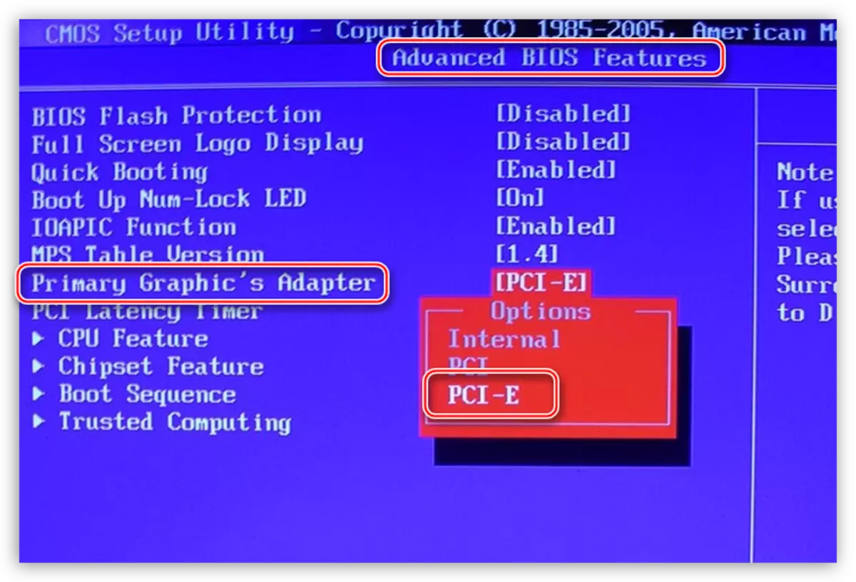 It ynstellen fan 'e PCI-E-parameter foar de primêre grafyk-adapter as jo de twadde fideokaart ynskeakelje yn in laptop yn BIOS AMI