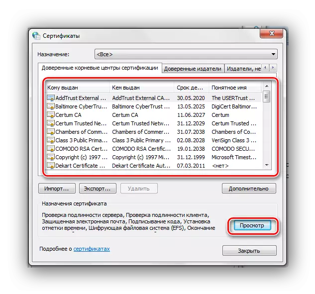 Seznam certifikátů Zobrazení Windows 7