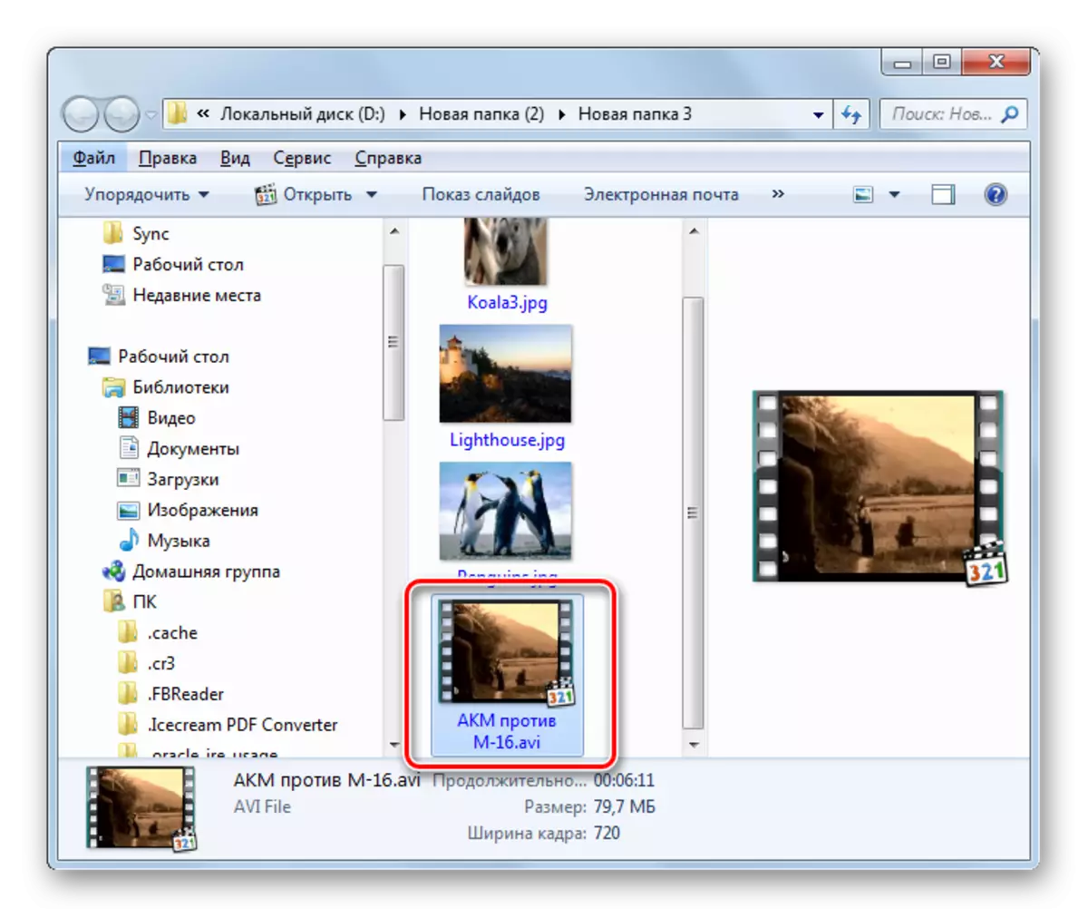 File transformasi dina format AVI dina Windows Explorer