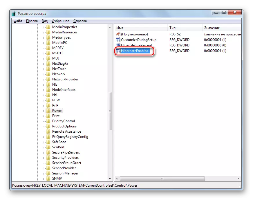 Prejdite na zmenu parametra Hibernateenabled v okne Editor systému Registry v systéme Windows 7