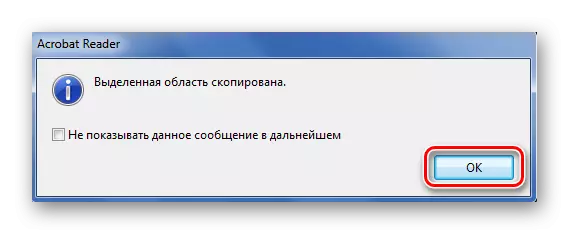 Bevestiging van die kopiëring van die gekose area in Adobe Reader