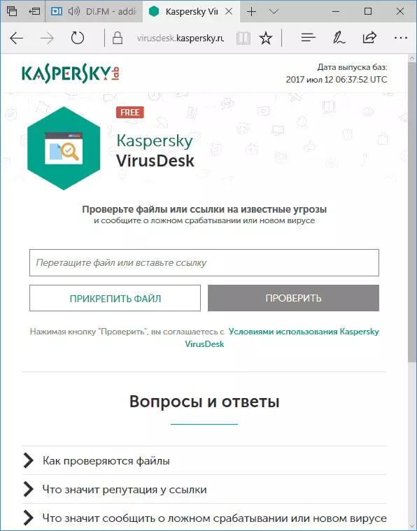 Kontrolu dosieron por virusoj interrete en Kaspersky-viruso