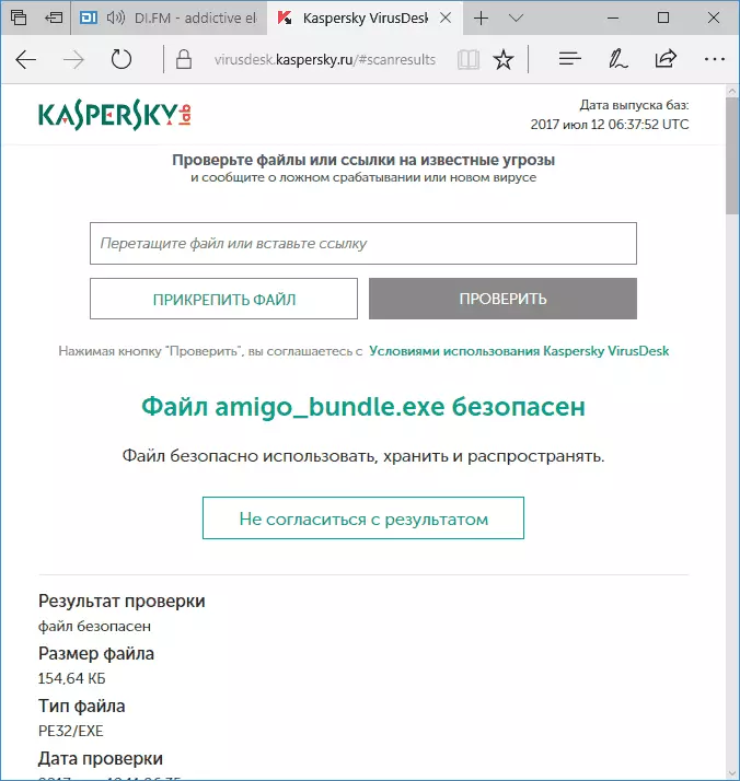 Bestân is feilich op Kaspersky Virusdesk