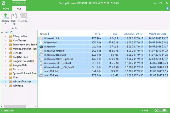 Mabawi ang mga file gamit ang veam backup browser.