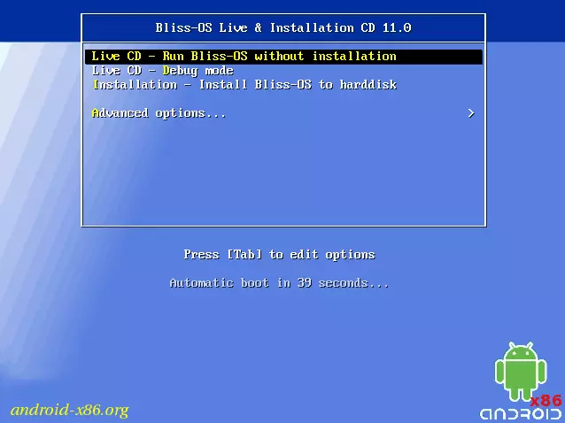 Laster Bliss OS fra en flash-stasjon