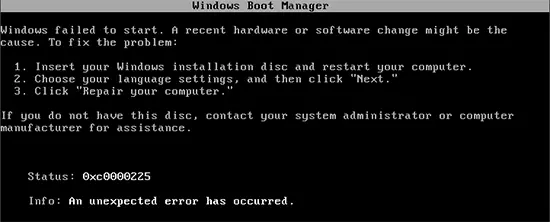 Pogreška 0xc0000225 u sustavu Windows 7