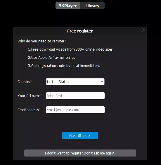 5KPlayer registration window
