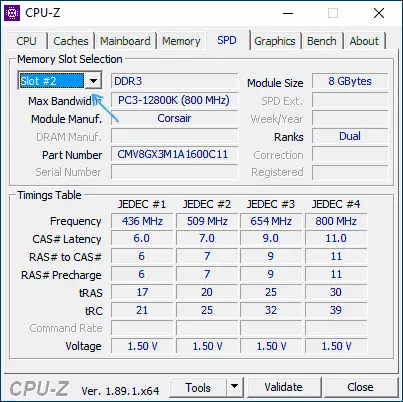 Information about the installed RAM in the CPU-Z