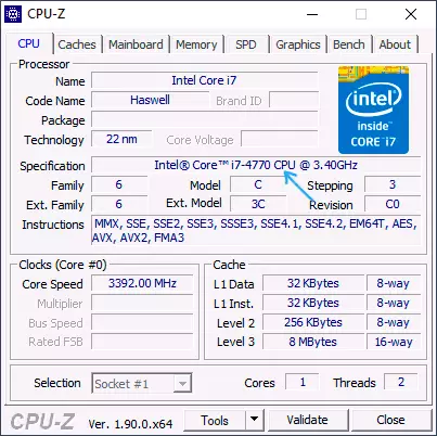 Information about the installed processor in CPU-Z