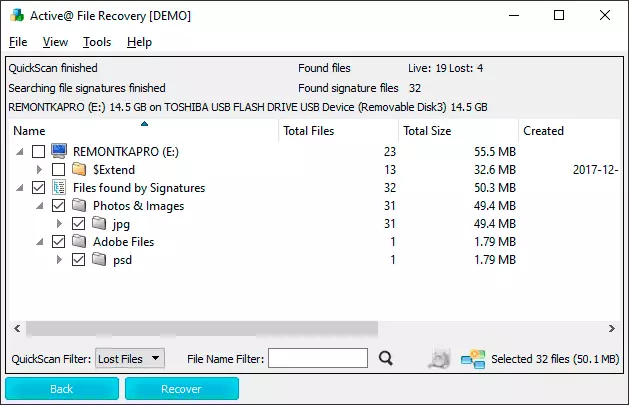 Fundierte Dateien in der aktiven Dateiwiederherstellung