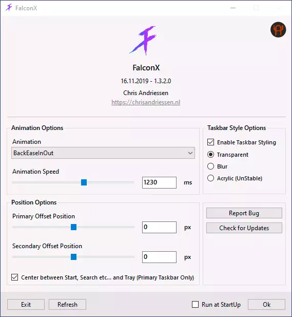 Falconx settings window