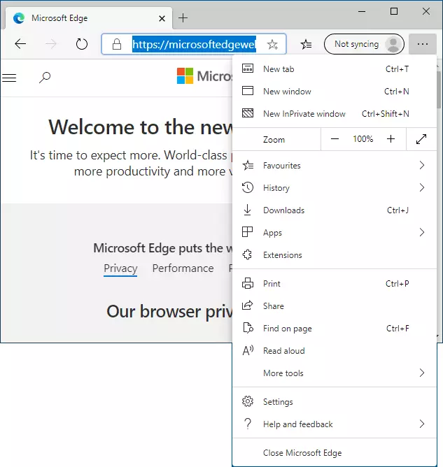 Interface af den nye browser Microsoft Edge Chromium