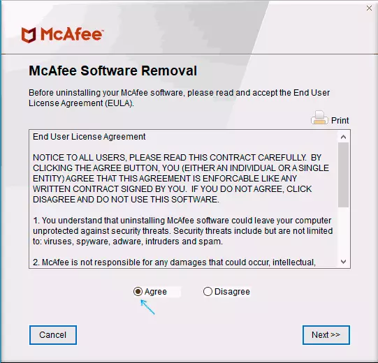 Agree with the terms of the removal utility McAfee