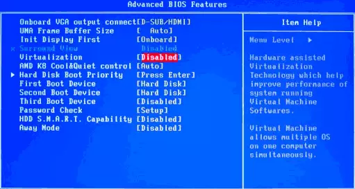 Enabling virtualization on the Advanced tab in BIOS