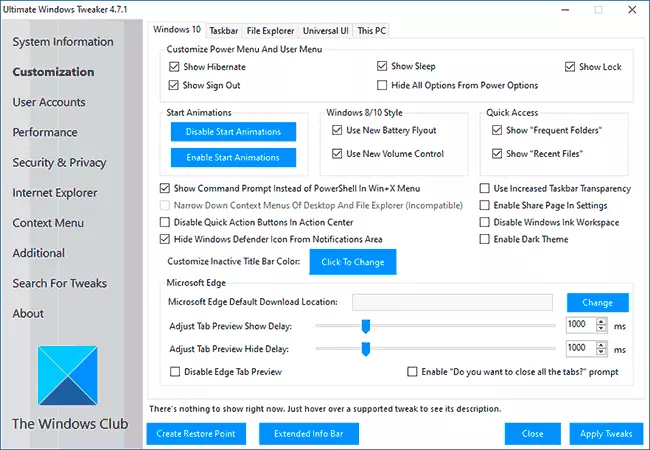 Windows 10 Paramètres dans Windows Ultimate Tweaker
