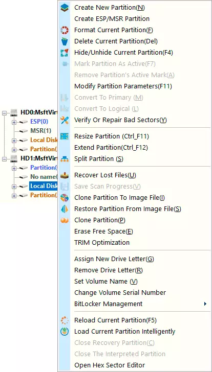Changing disk partitions in Diskgenius