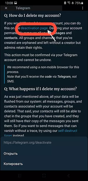 Open account removal page Telegram