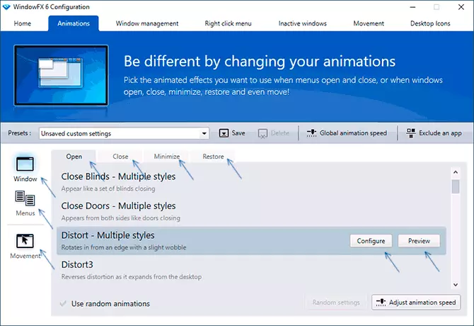 Einrichten der Animation von Windows in WindowFX