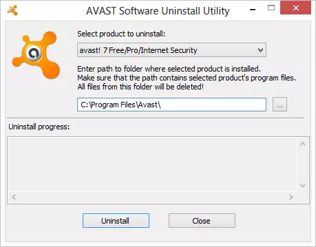 Pag-aalis ng Anti-Virus Avast sa Avast Uninstall Utility.