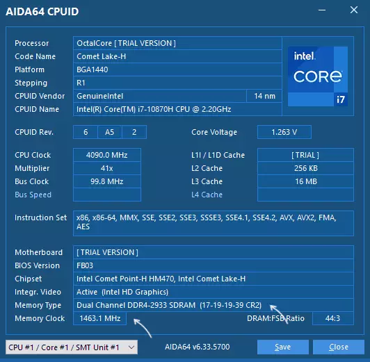 Informace o paměti RAM v AIDA64 CPUID