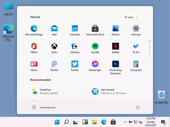 Desktop og Windows 11 Start Menu