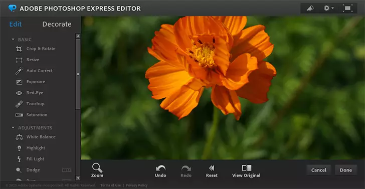 Dirisha kuu Adobe Photoshop Express Express.