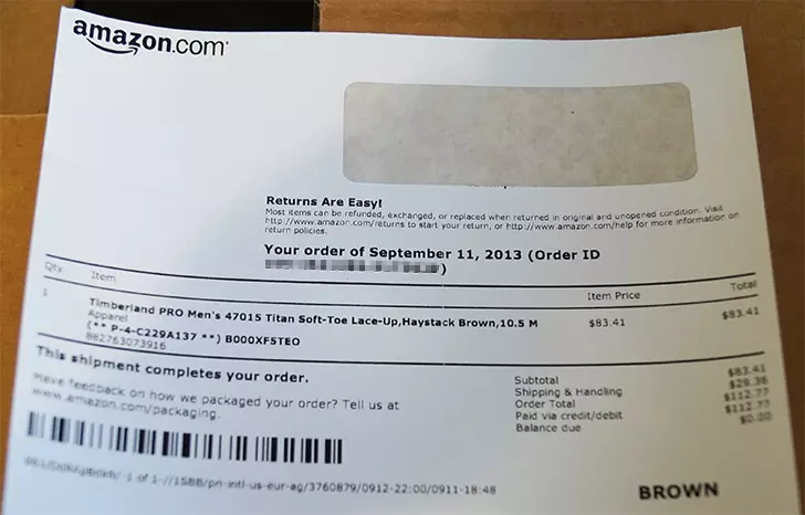 Amazon order receipt