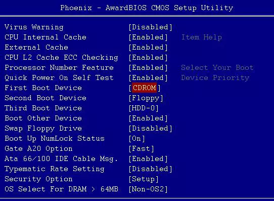 Installere støvelen fra disken i Award BIOS