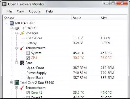 Checking the laptop temperature using Open Hardware Monitor