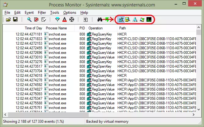 Посочете само регистър събития в Process Monitor