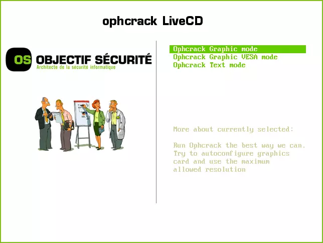 Ĉefa menuo Ophcrack LiveCD