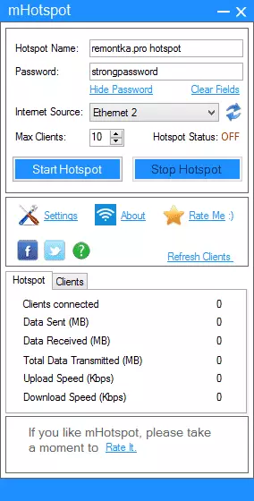 Setting the access point on a laptop in Mhotspot
