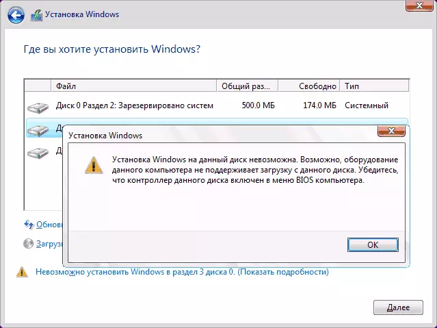 Chyba Instalace systému Windows na tento pevný disk není možný