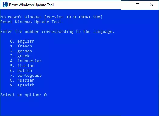 Seleccione el idioma en Restablecer la herramienta de actualización de Windows