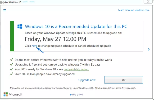 finestra d'actualització de Windows 10 programat