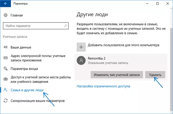 Sletning af en bruger i Windows 10 parametre