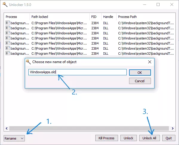 Renomi Dosierujo WindowsApps en Vindozo 10