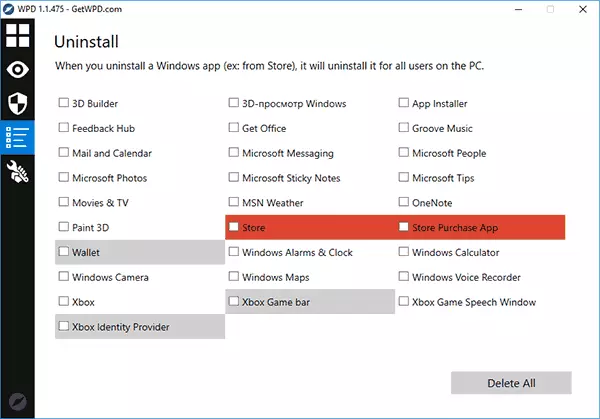 Delete ingeboude Windows 10 aansoeke in Wpd