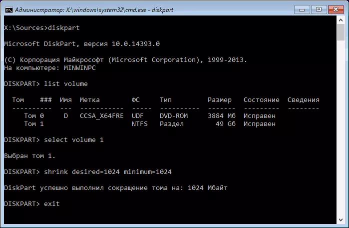 Snižování sekce v DiskPart při instalaci Windows 10