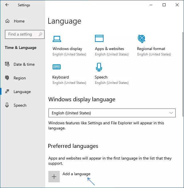 Gehitu hizkuntza Windows 10 parametroetan