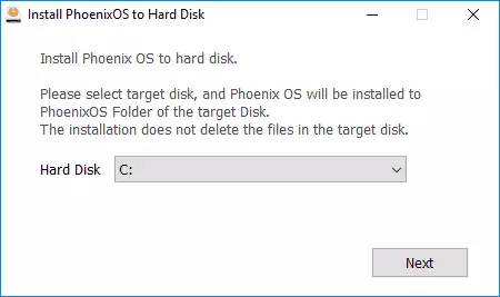 Izbor disk za instaliranje Phoenix OS