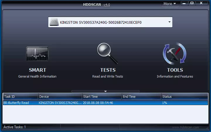 HDDScan نافذة التطبيق الرئيسية