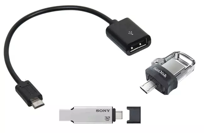 OTG cable and flash drives with the ability to connect to the smartphone