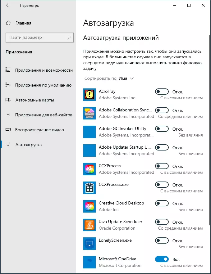 በ Windows 10 መለኪያዎች ውስጥ ጀማሪ ፕሮግራሞች