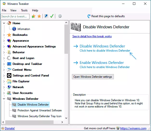 Disable Windows 10 Defender in WINAERO TWEAKER