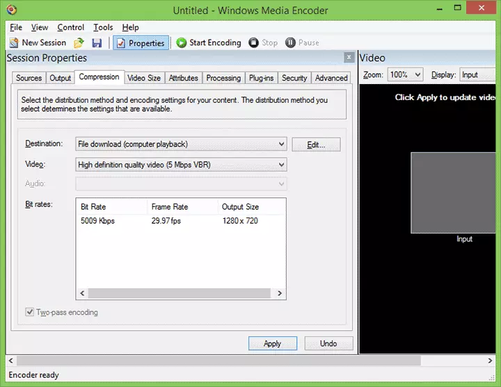 Podešavanja kompresije u Windows Media Encoder