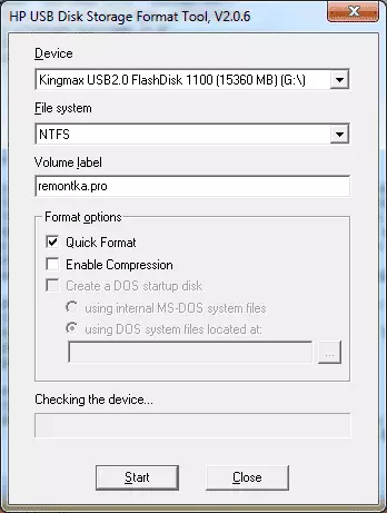Fformatio Flash Drive mewn offeryn fformat USB HP